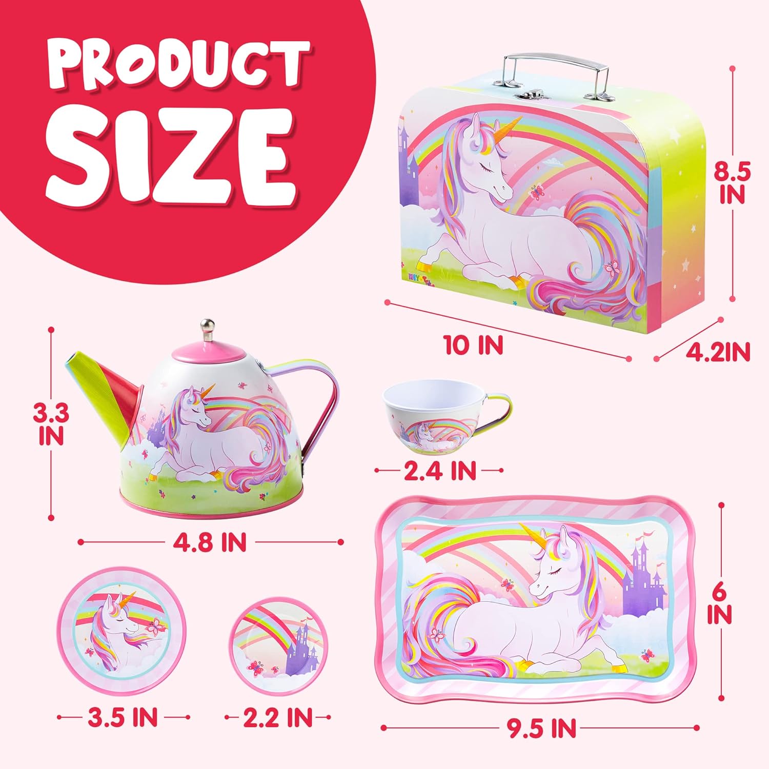 Unicorn Tea Party Set for Girls 15 Pcs Pretend Play Pink Tin Teapot Set with Carrying Case Toddler Tea Set Birthday Christmas Gift Ages 3 and Up