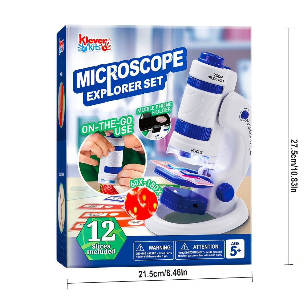 Kids Microscope Explorer Set 2-in-1 Science Experiment Toy 60x-180x Magnification 12 Specimen Slides Phone Holder STEM Gift Boys Girls Ages 5+