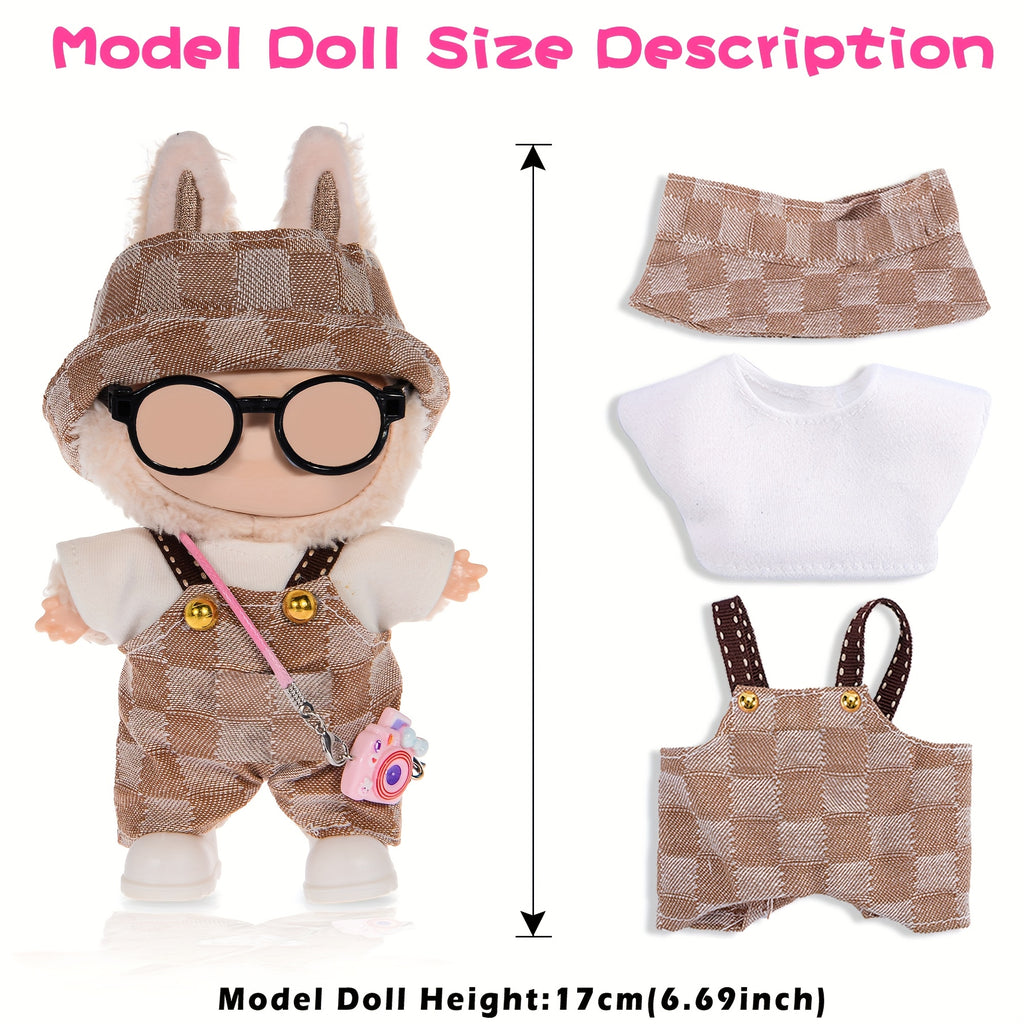 Labubu Doll Clothes 3 Outfits for 17cm Plush Dolls – Hats Shirts Pants Glasses Backpack Shoes Casual Dress-Up Accessories Kit No Doll Kids Collectors Gift