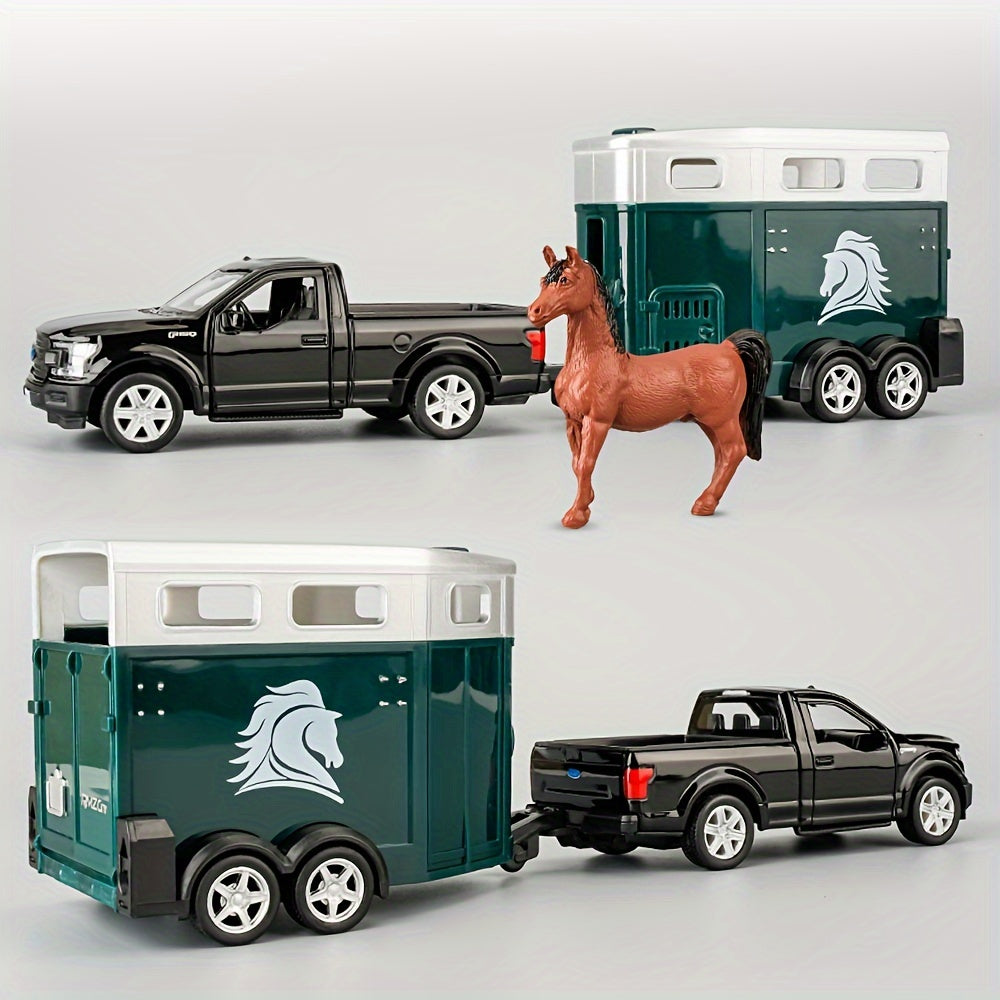 Die-Cast Pull Back Car with Horse Trailer 1:36 Scale Zinc Alloy Toy Vehicle Set, Openable Doors, Gift for Kids Boys Adults