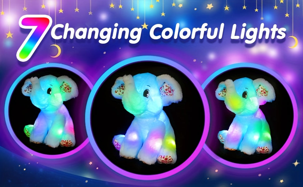 Musical Glowing Elephant Plush Toy with LED Light & Lullabies, Soft Stuffed Animal Nightlight Companion for Baby Toddler, Birthday Easter Gift for Kids