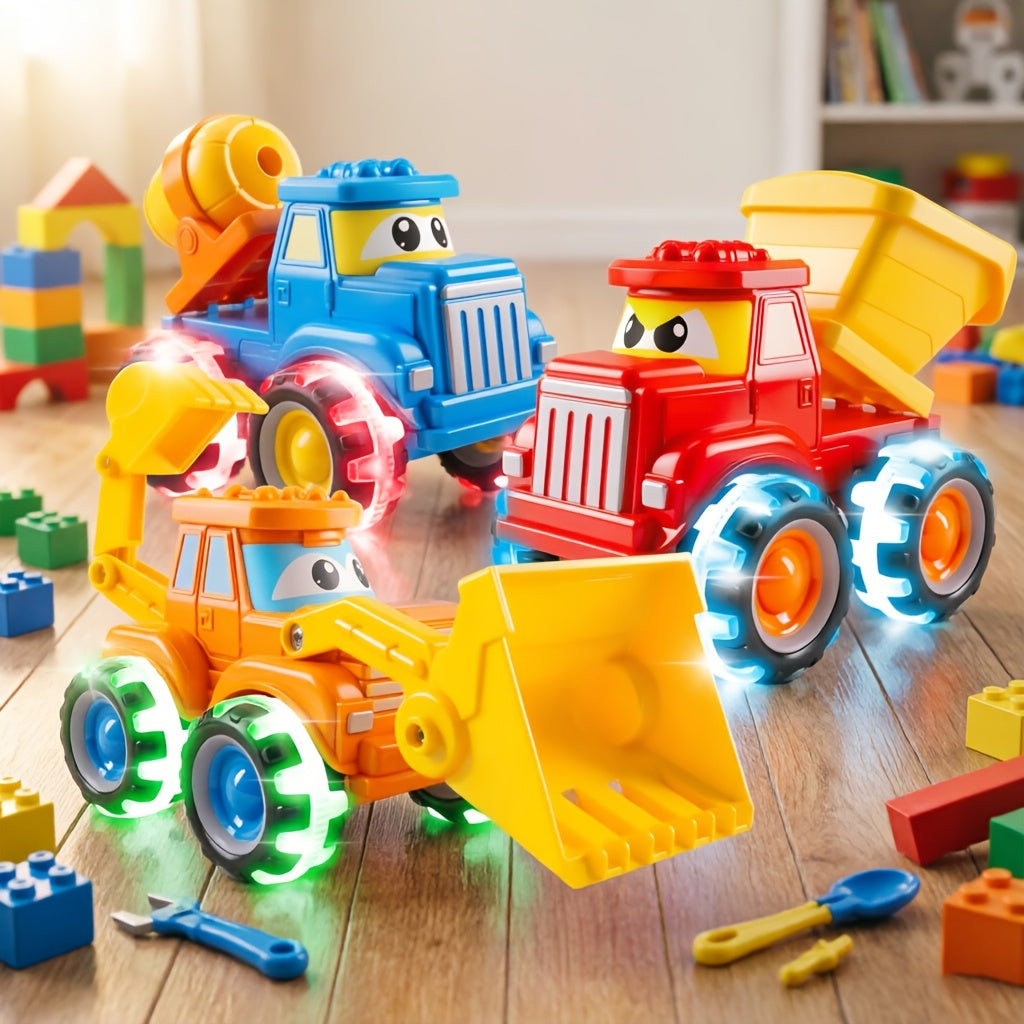 Monster Truck Toys for Toddlers 3 Pack with LED Light Up Wheels – Friction Powered Construction Cars Bulldozer Dump Truck Concrete Mixer