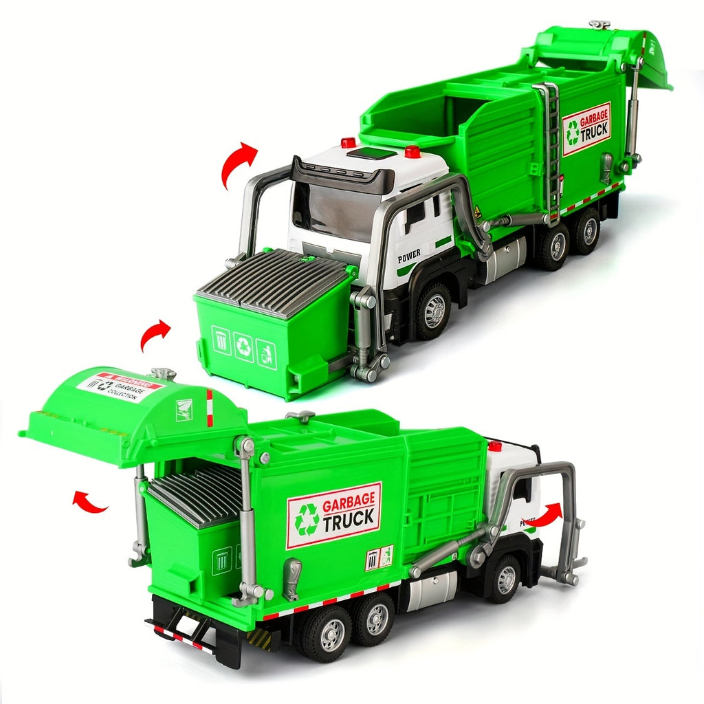 Pull Back Garbage Truck Toy with Lights & Sounds – Recycling Truck Toy Set with Trash Cans, Bins & Trash Cards for Boys Ages 3-8, Interactive Kids Truck Toy Birthday Gift