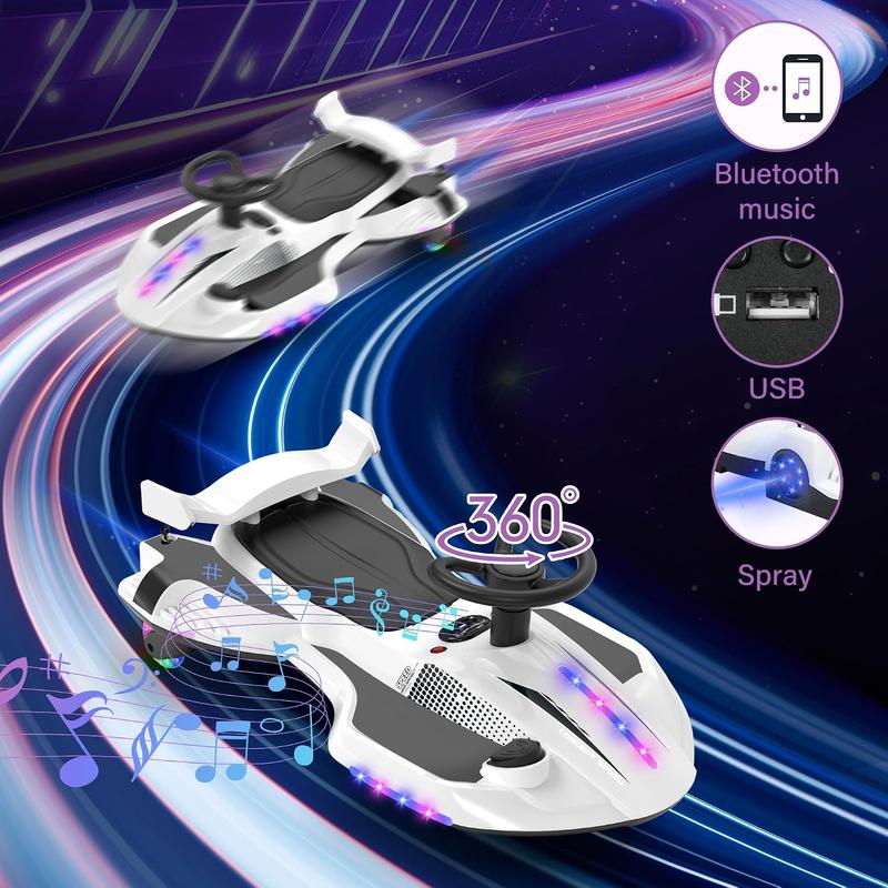 12V Electric Wiggle Car for Kids Ages 3+, Akeleo Pedal and Manual Ride-On with Spray Effect, Bluetooth Music and Light-Up PU Wheels