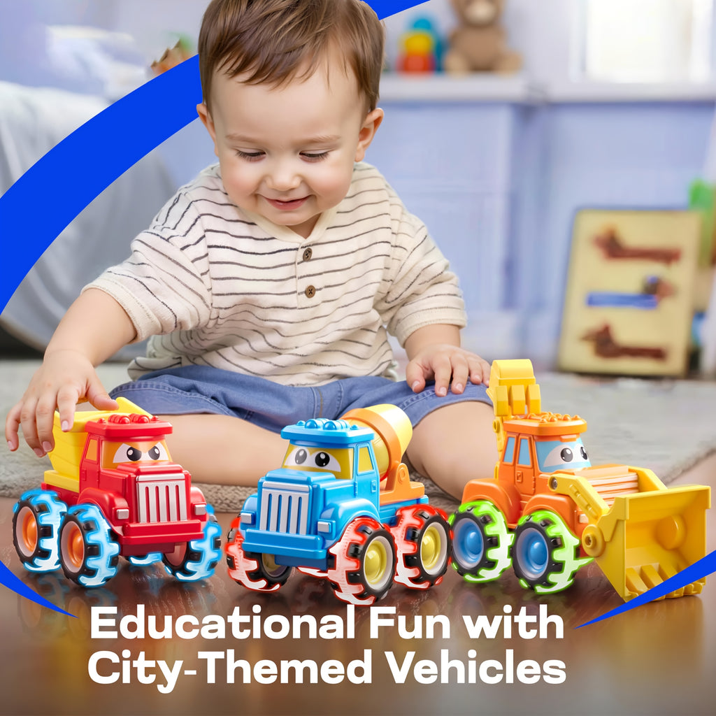 Monster Truck Toys for Toddlers 3 Pack with LED Light Up Wheels – Friction Powered Construction Cars Bulldozer Dump Truck Concrete Mixer