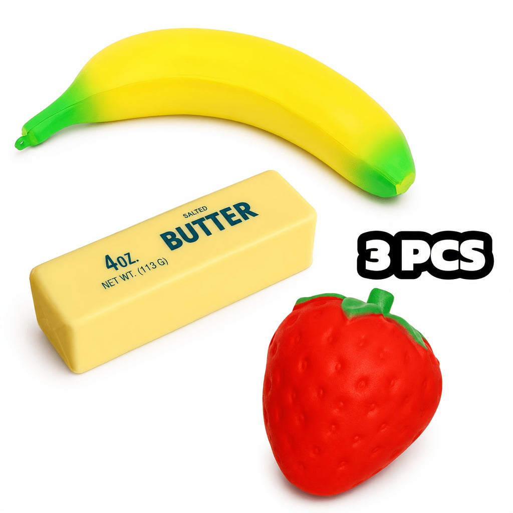 Squishy Food Slow Rising Stress Relief Toy Set 3/6pcs Butter Banana Strawberry PU Foam Sensory Squeeze Toys – Pretend Play Simulation Food for Kids Classroom Holiday Office Decoration Gift