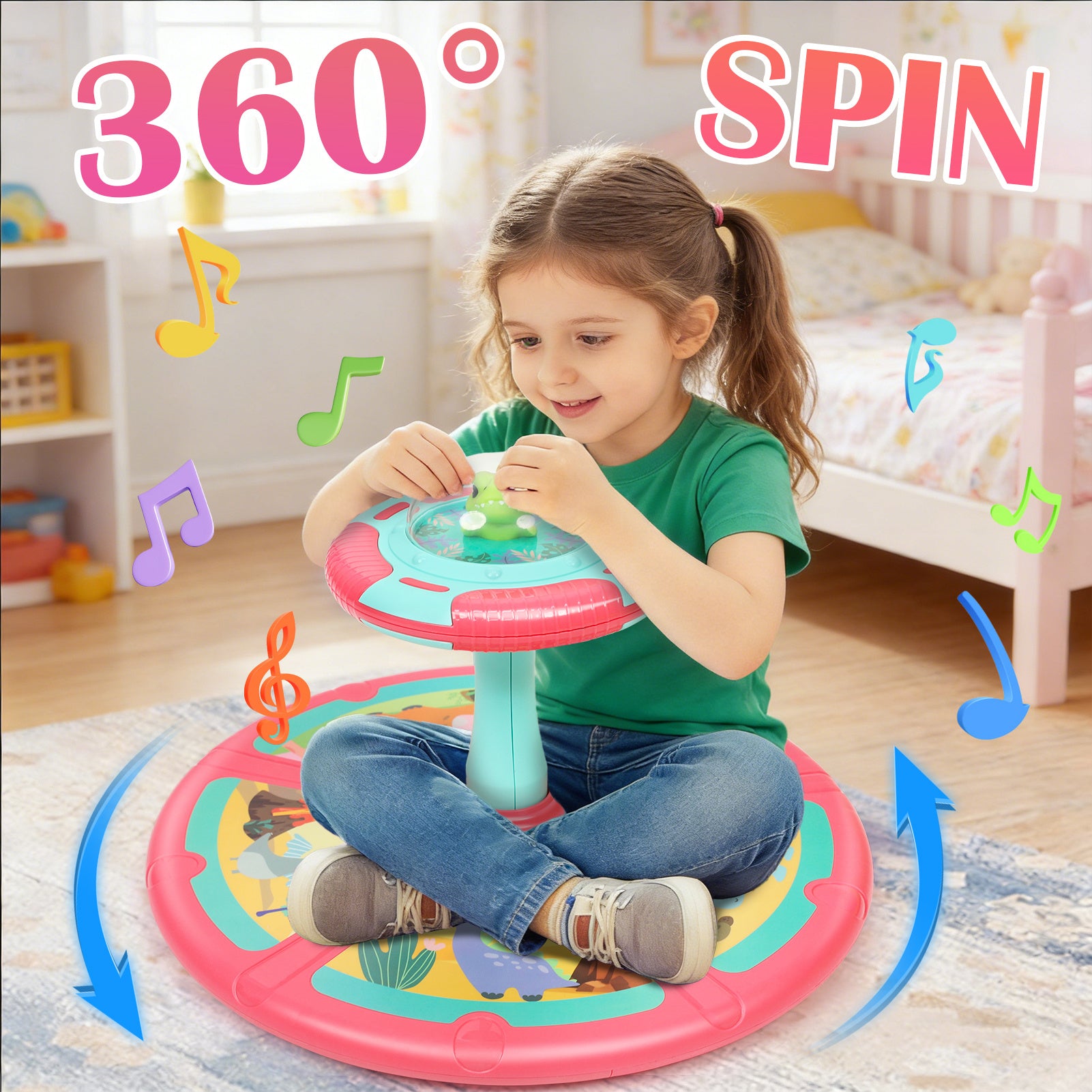 Dinosaur Sit and Spin Toy for Toddlers 18M+ – 360° Spin Seat with Music, Indoor Interactive Sensory Toy, Supports Balance & Motor Skills, Birthday Gift for Boys Girls, Planet & Pink