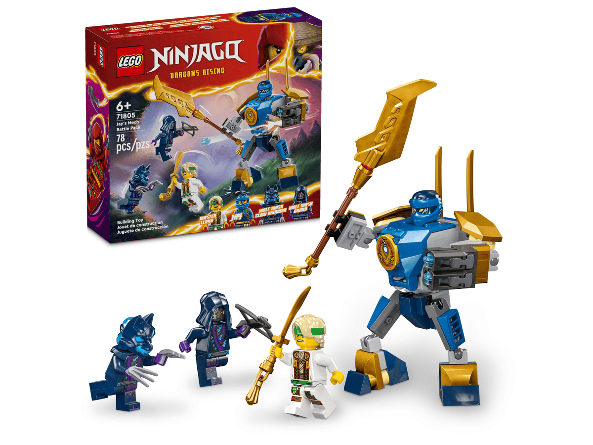 LEGO NINJAGO Jay's Mech Battle Pack 71805, Posable Ninja Mech Building Set with Golden Sword & Stud Shooters, Dragons Rising Season 2 Construction Toy for Kids Ages 6+, Birthday Christmas Gift