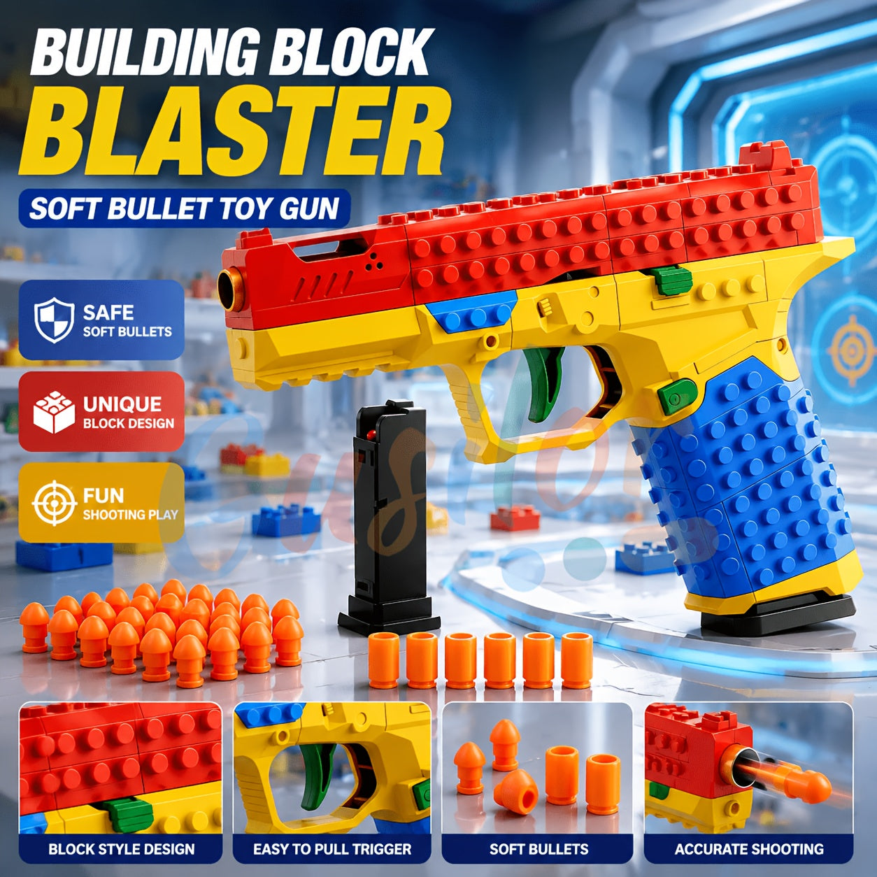 Soft Bullet Toy Gun Pistol with Ejecting Shells Semi-Auto Rapid Fire Foam Blaster 40 Bullets Indoor Outdoor Shooting Game for Boys Ages 6 Plus - Gift