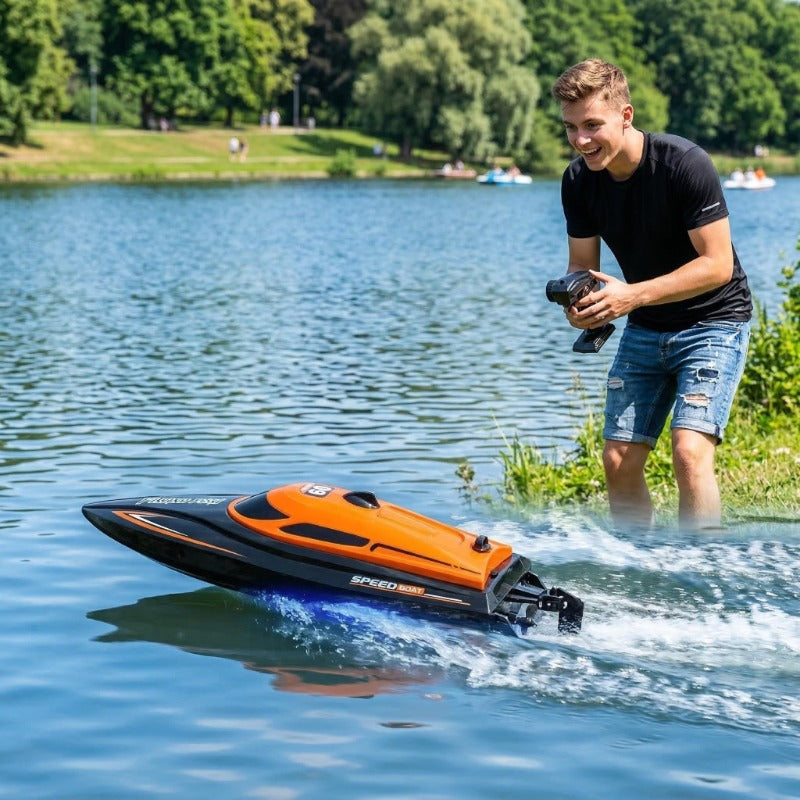 Remote Control Boat for Kids 25KM/H LED Night Light Effect Pool Lake Racing RC Hovercraft Toy One-Touch Speed Control Outdoor Water Toy Ages 6+