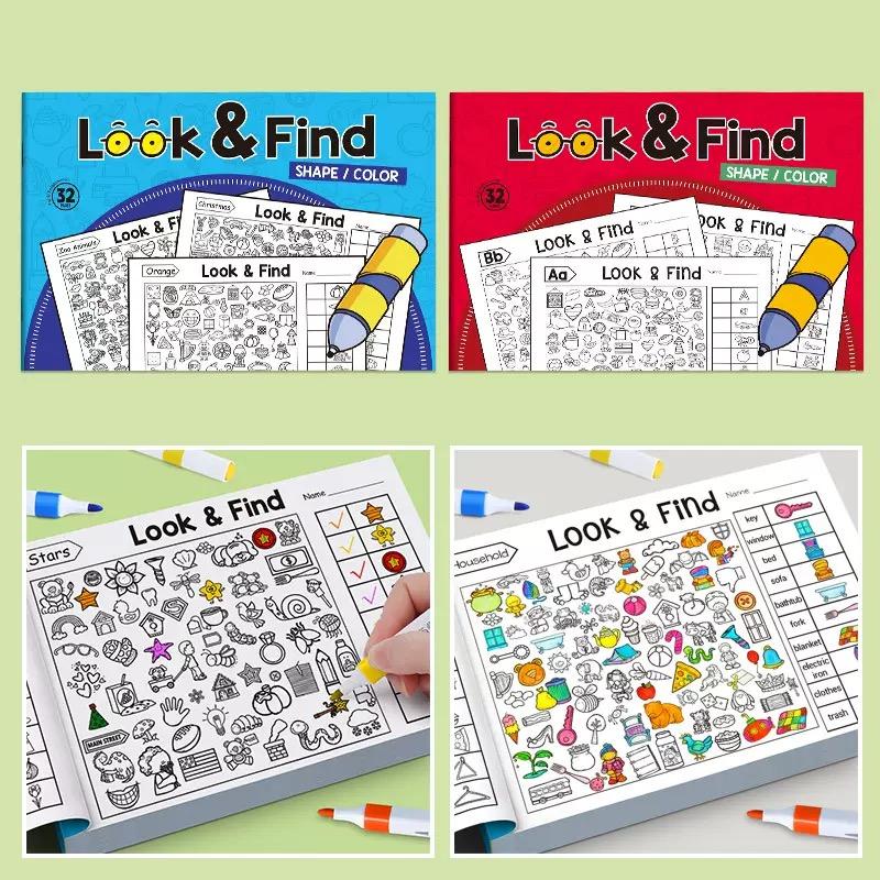 Look and Find Coloring Books for Kids Ages 3-4, 2-Pack Paper Activity Books with Hidden Object Scenes, Coloring Areas and Find-and-Mark Games for Travel