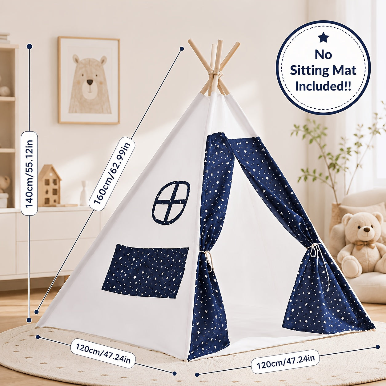 Kids Teepee Tent for Girls Boys, Indoor Outdoor Play Tent with Washable Fabric, Nordic Princess Conical Playhouse for Bedroom Backyard, Birthday Christmas Gift Ages 3+ (No Padding)