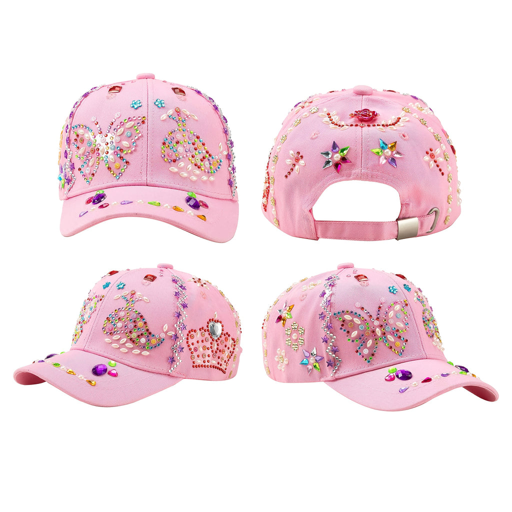 Decorate Your Own Pink Baseball Cap Kit with 7 Sheets Gem Stickers & Glitter Glue DIY Art Craft Toy Creative Gift for Girls Ages 6+