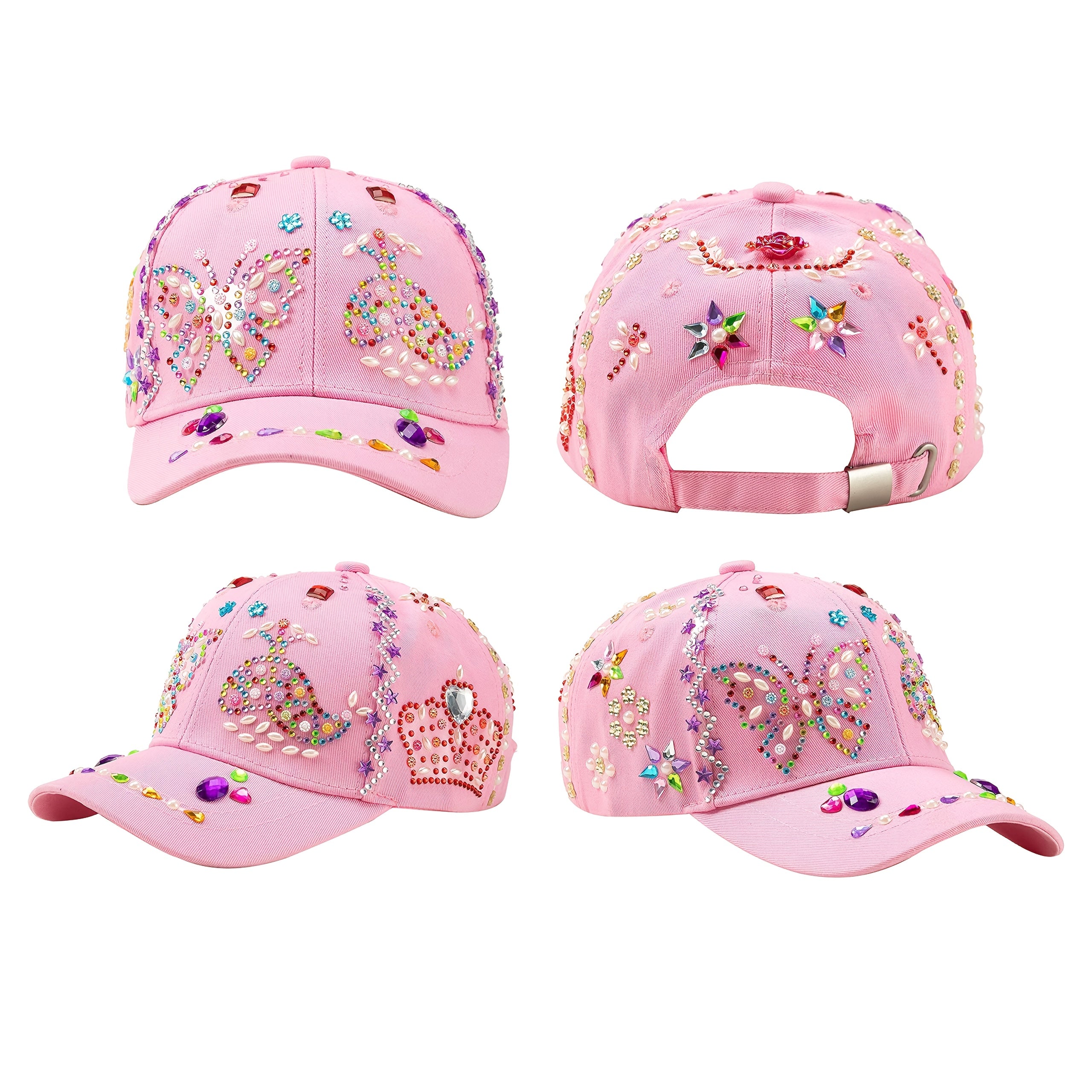 Decorate Your Own Pink Baseball Cap Kit with 7 Sheets Gem Stickers & Glitter Glue DIY Art Craft Toy Creative Gift for Girls Ages 6+