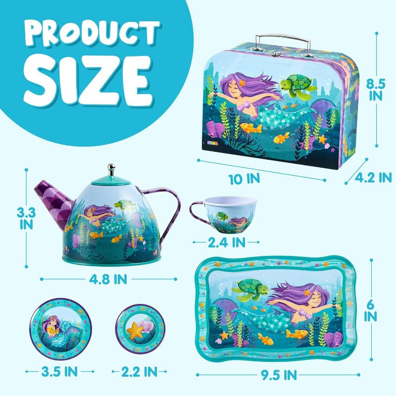 Mermaid Tea Party Set for Girls 14-Piece Tin Teapot Cups Plates Carrying Case Princess Pretend Play Kitchen Toy Kids Age 3+ Christmas Birthday Gift