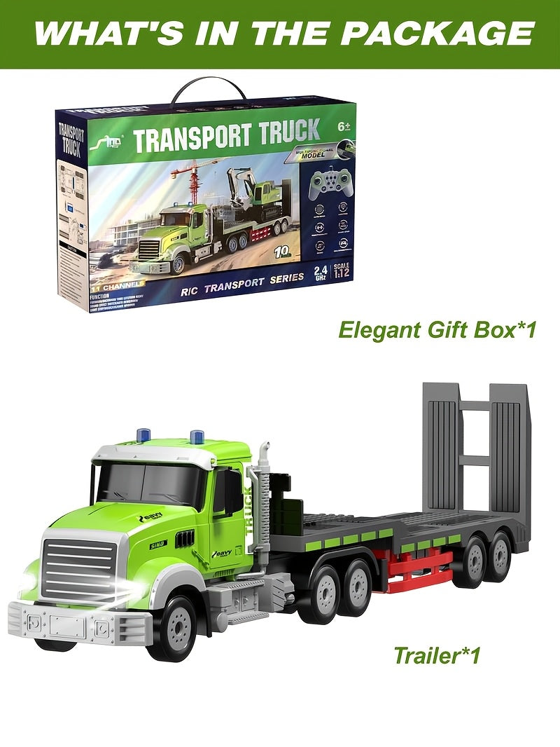 RC Semi Truck with Flatbed Trailer & Alloy Excavator 1:12 Scale 11-Channel - Construction Vehicle Set with Lights Sound, Engineering Toy Gift for Boys Ages 3+
