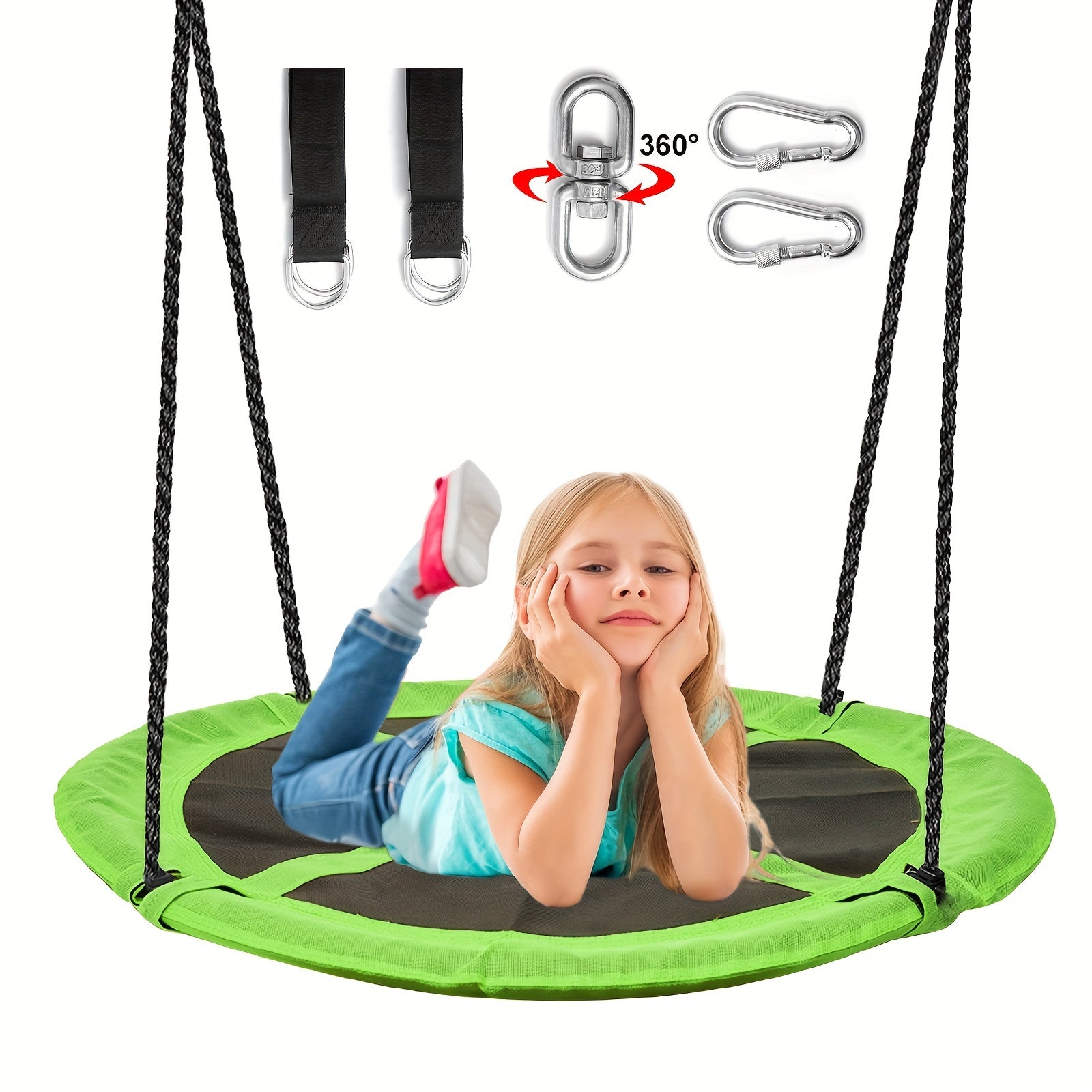 43" Large Saucer Swing for Kids, 360° Rotating Spinner Swing with Swivel, Adjustable Ropes & Hanging Straps, Outdoor Tree or Swing Set Accessory, Durable Round Disc Swing for Playground Backyard, Birthday Gift