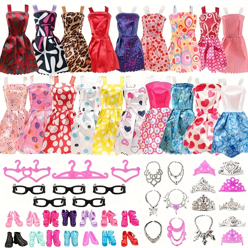 Doll Clothes & Accessories Set 42pcs for 11 Inch Dolls – 10 Dresses 10 Shoes 6 Necklaces 6 Crowns 5 Glasses & Hangers Fashion Wardrobe Gift for Girls Birthday Christmas