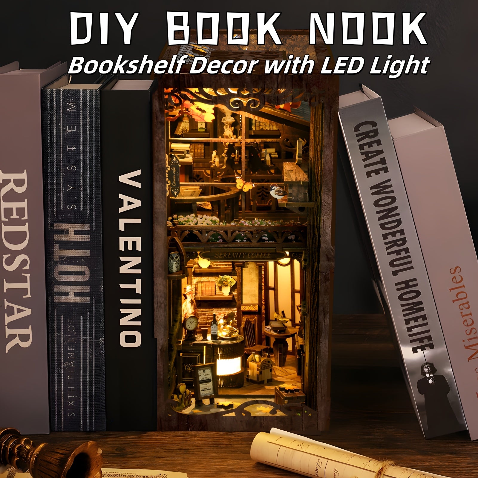 DIY Miniature Book Nook Kit with LED Light Coffee House 3D Wooden Bookshelf Insert Puzzle Dustproof Craft Kit Gift for Adults Teens Craft Lovers