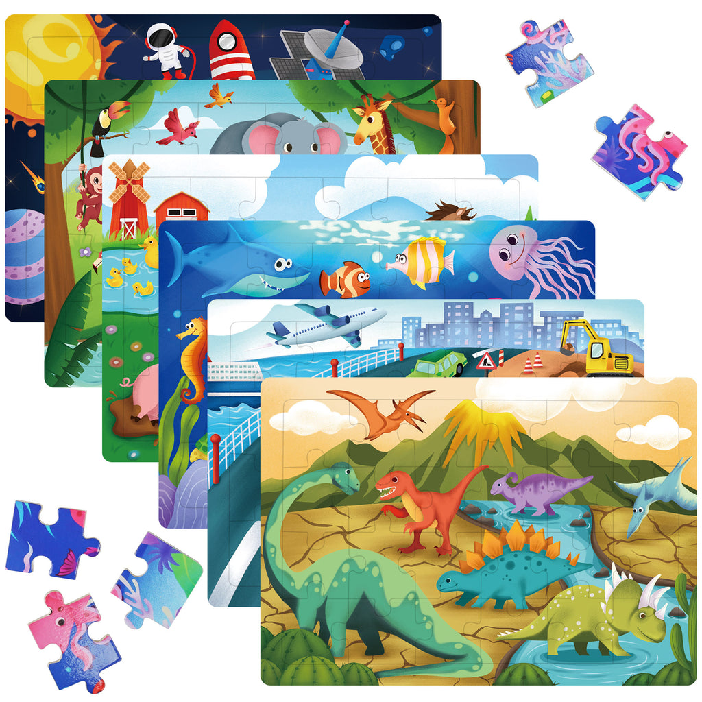 6 Pack Wooden Jigsaw Puzzles for Kids – 24 Pieces Each, Preschool Learning Toys for Toddlers Boys & Girls, Educational STEM Puzzle Set, Birthday Gift for Ages 3-5