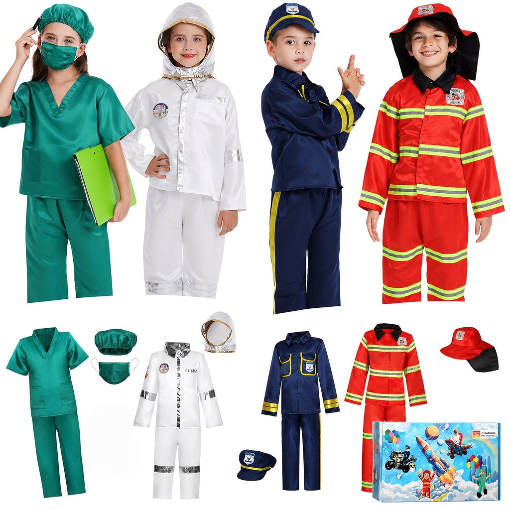 Kids Dress Up Costumes 4-in-1 Role Play Set - Firefighter Police Astronaut Doctor Boys Girls Ages 3-6 Years Birthday Gift