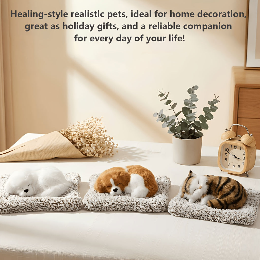Sleeping Kitten Plush Toy with Meow Sound – Realistic Stuffed Cat Doll Soft Faux Fur, Press-Back Sound, Cute Mini Decor Gift for Kids & Cat Lovers