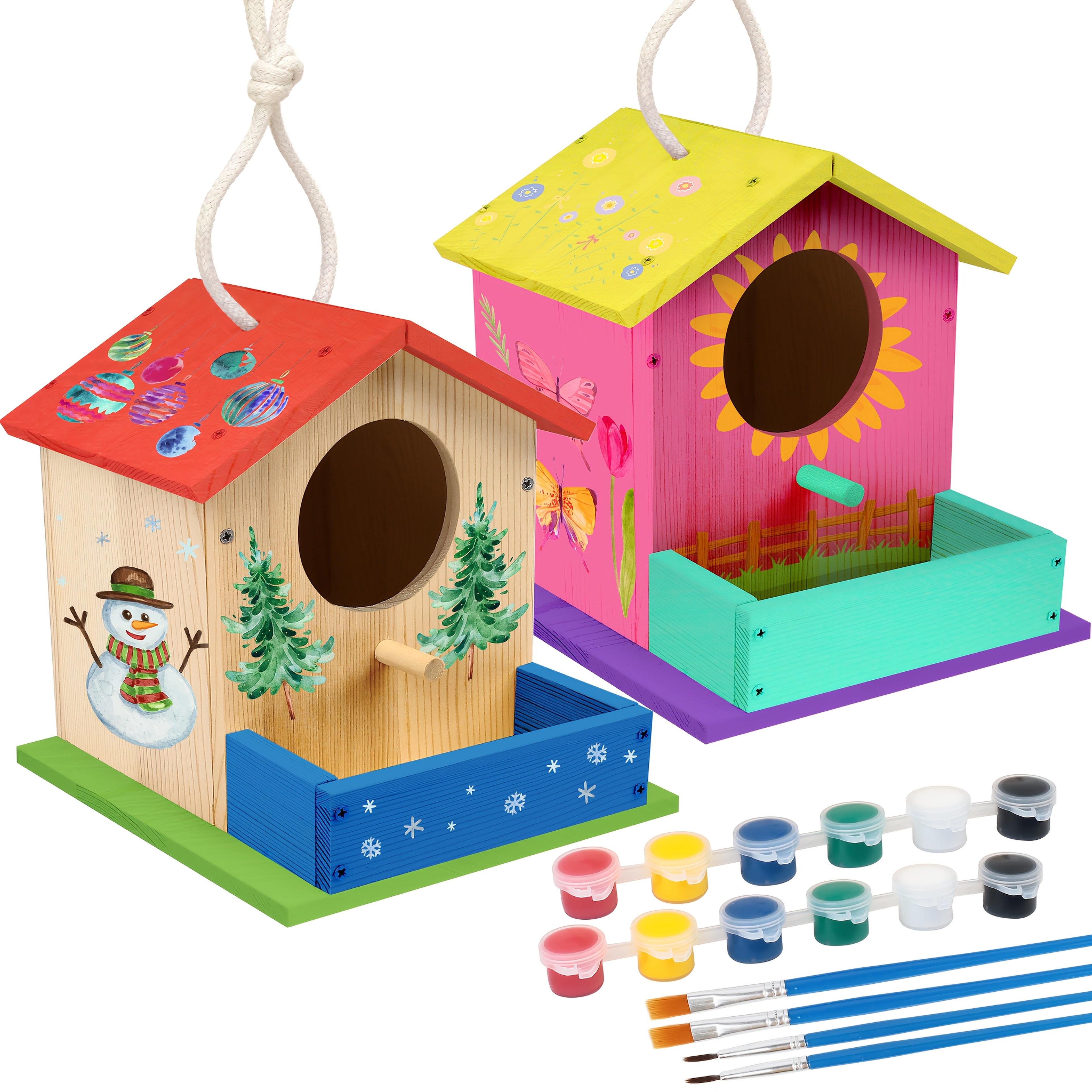 Wooden Birdhouse Kit for Kids Build & Paint Your Own 2-Pack DIY Arts Crafts Set with Brushes Paint Family Activity Birthday Christmas Gift for Boys Girls