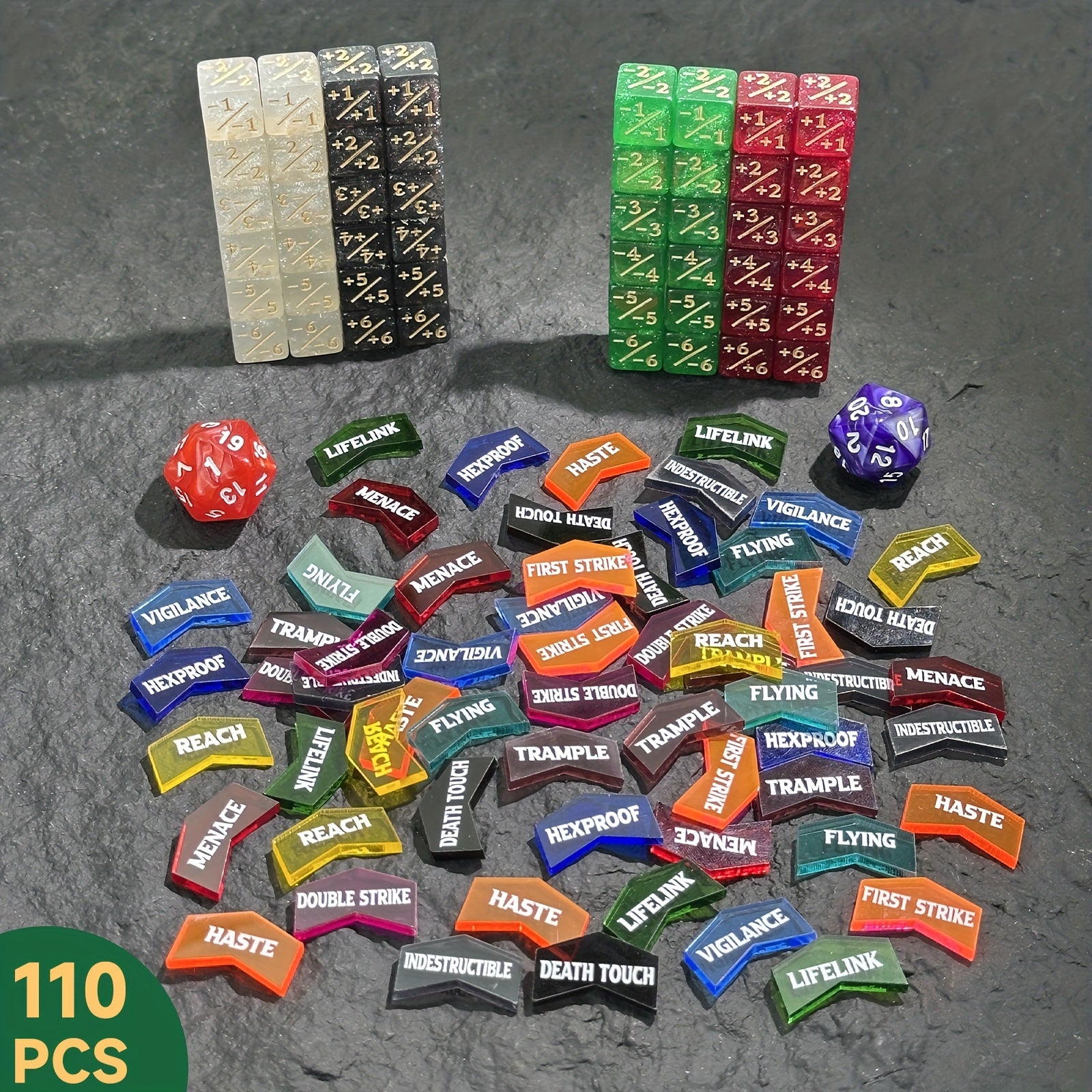 110pcs MTG Counter Dice Set Plus 1 Minus 1 Tokens D20 Keyword Counters 12mm 6-Sided Dice for Magic the Gathering TCG Card Game Accessories Gift