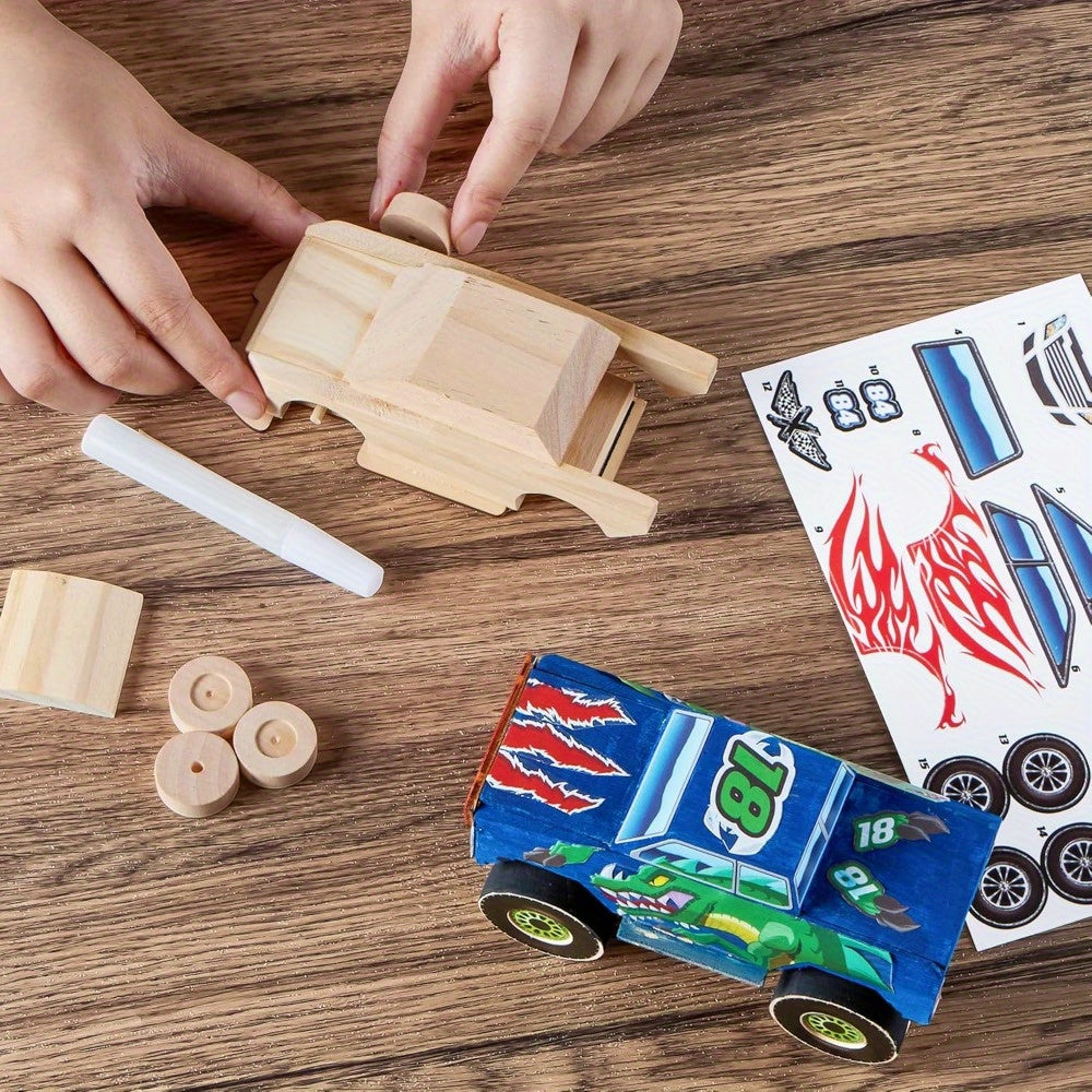 Build & Paint Your Own Wooden Race Car Craft Kit 144 Pieces with Race Car Motorcycle Monster Truck 12 Paint Colors Decals STEM Toy Gift for Kids Boys