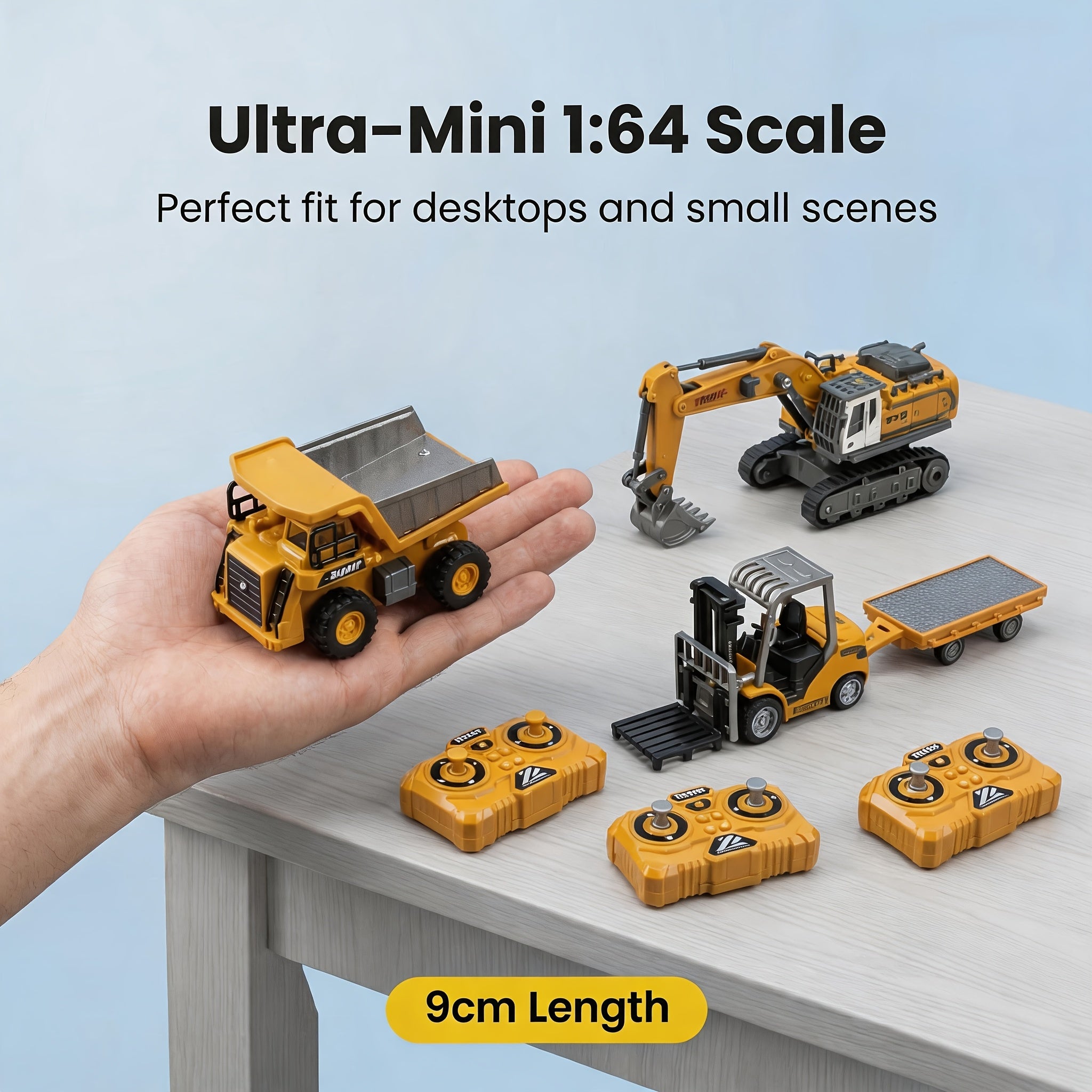 1:64 RC Construction Vehicle Set – 9-Channel Alloy Dump Truck, Forklift & Excavator with 2.4GHz Remote, Diecast Metal Body Mini Desk Toys