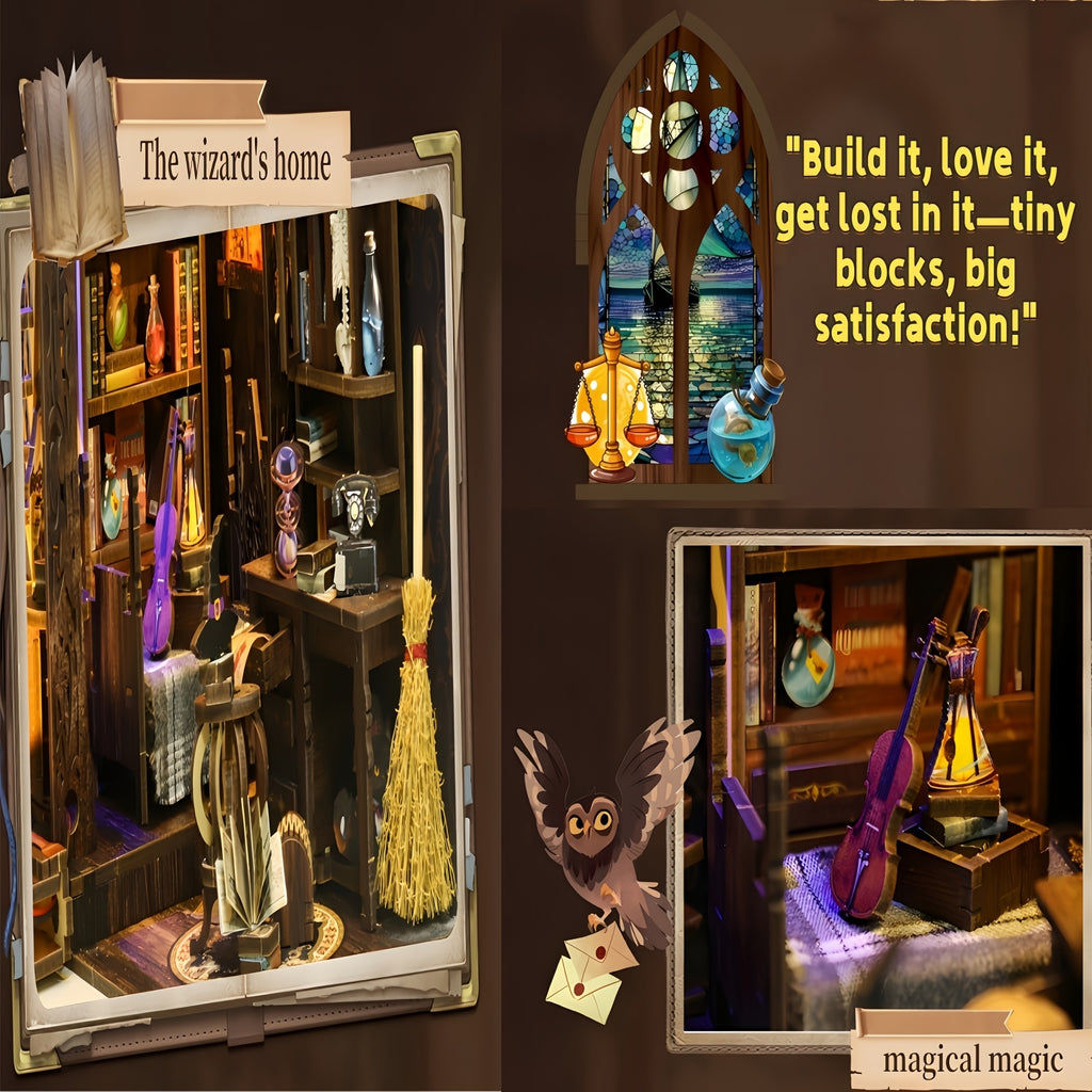 Book Nook Kit DIY Miniature House with LED Light – Magic House Wood Dollhouse Bookshelf Insert Puzzle, 334 Pieces, Gift for Teens and Adults
