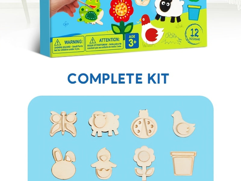 12 Wooden Magnet Painting Kit for Kids – DIY Arts & Crafts Set with Paint, Brush & Glitter Glue, Decorate Your Own Fridge Magnets, Easter Basket Stuffer, Birthday Party Favor for Boys Girls Ages 3+