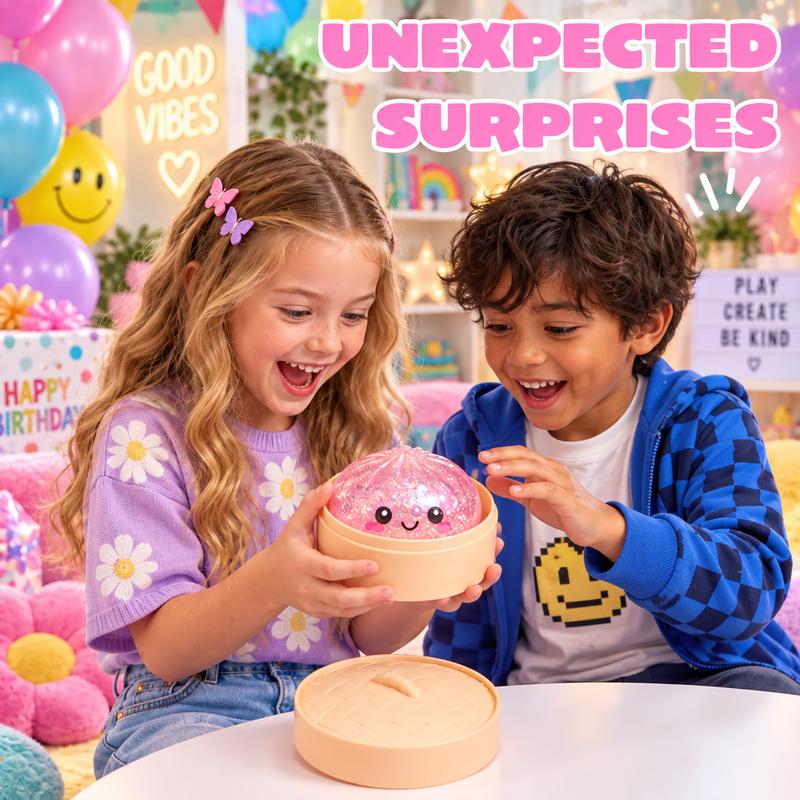 Glitter Dumpling Squishy Toy Mystery Box, Random Color Soft Sensory Fidget with Mini Steamer Storage for Desk Breaks and Surprise Gifts