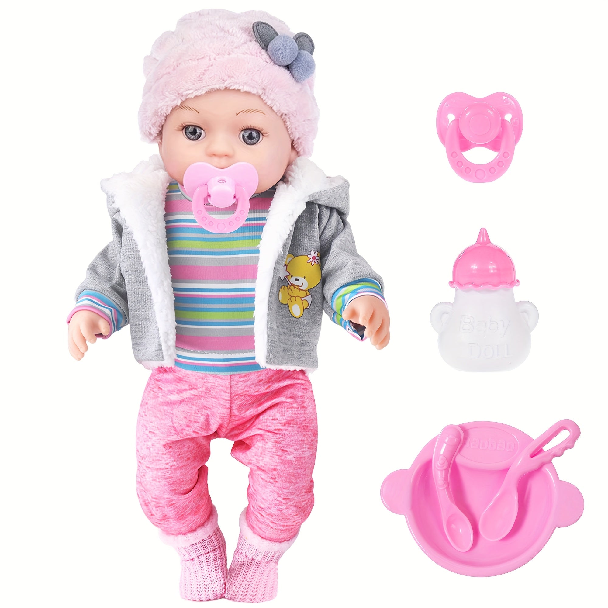 12 Inch Baby Doll Set with Winter Clothes – Coat, Outfit, Socks, Pacifier, Feeding Bottle & Utensils, Movable Limbs Nurturing Playset Gift for Girls Kids Ages 3+
