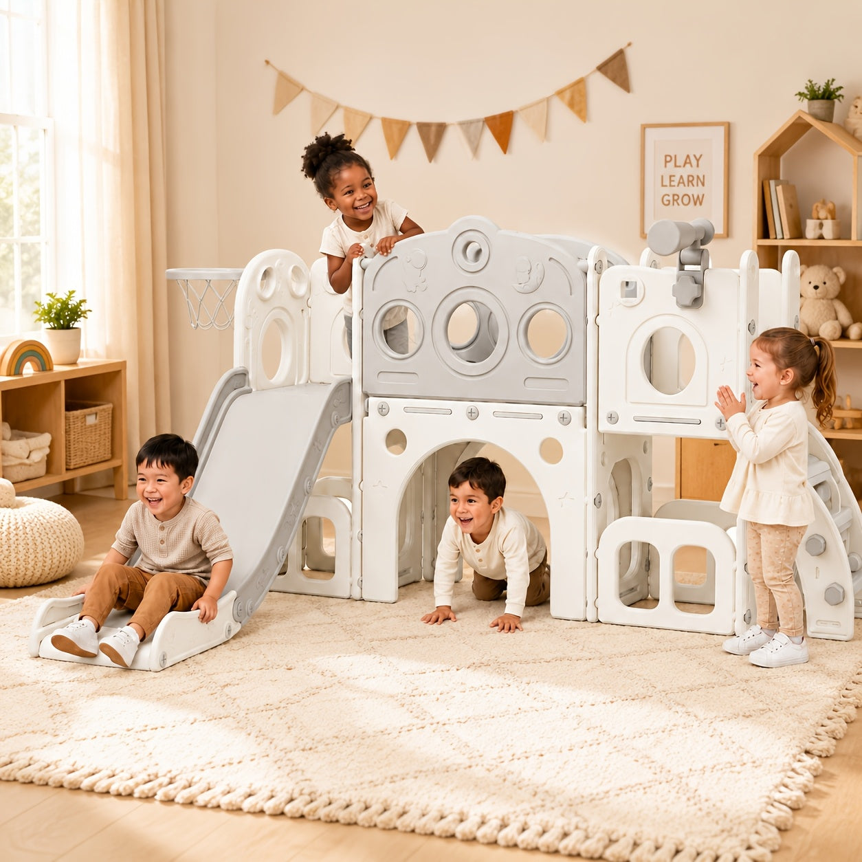 Toddler Slide Playset with Basketball Hoop and Telescope Indoor Outdoor Backyard Playground for Babies Kids Ages 1-3 Climbing Toy Gift