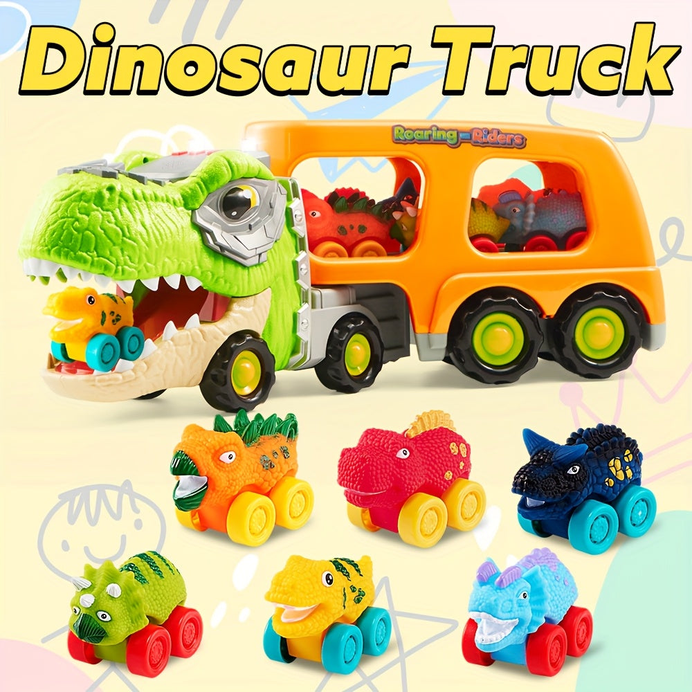 Dinosaur Car Carrier Truck Toy for Kids with 6 Rubber Dino Vehicles, Sliding Ramp, Music & LED Lights – 2-Level Storage, Birthday Christmas Gift for Boys & Girls Ages 3+