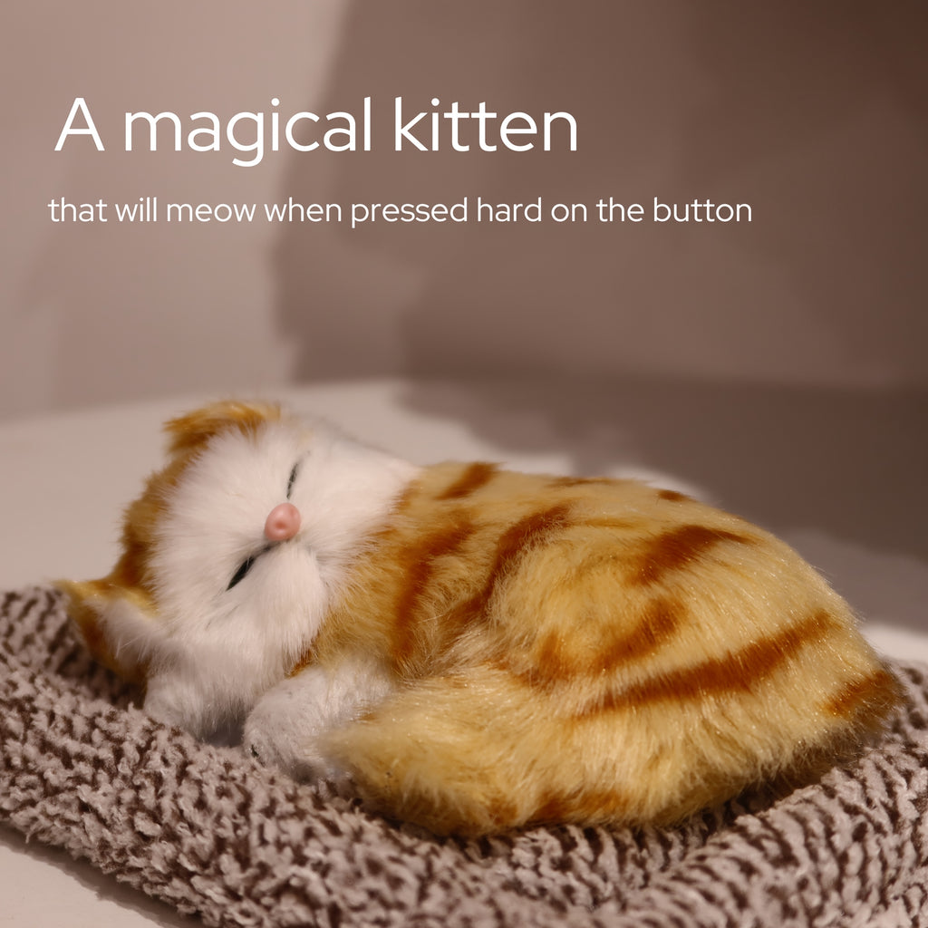 Sleeping Kitten Plush Toy with Meow Sound – Realistic Stuffed Cat Doll Soft Faux Fur, Press-Back Sound, Cute Mini Decor Gift for Kids & Cat Lovers
