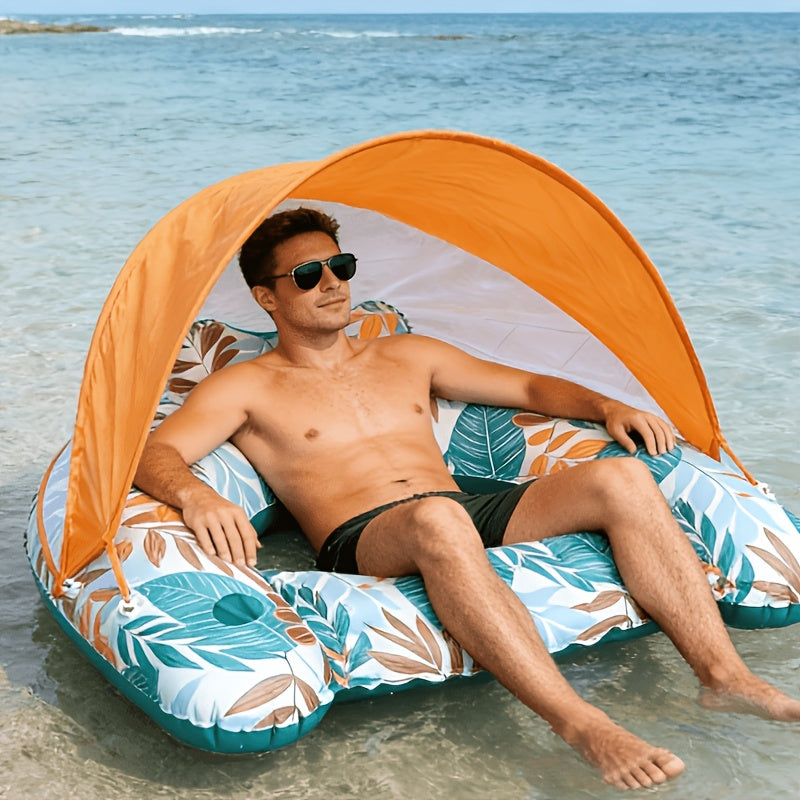 Inflatable Pool Float with Canopy & Cup Holder – Tropical Leaf Adult Floating Lounger for Pool Beach Lake River, Summer Party Raft with Sun Shade