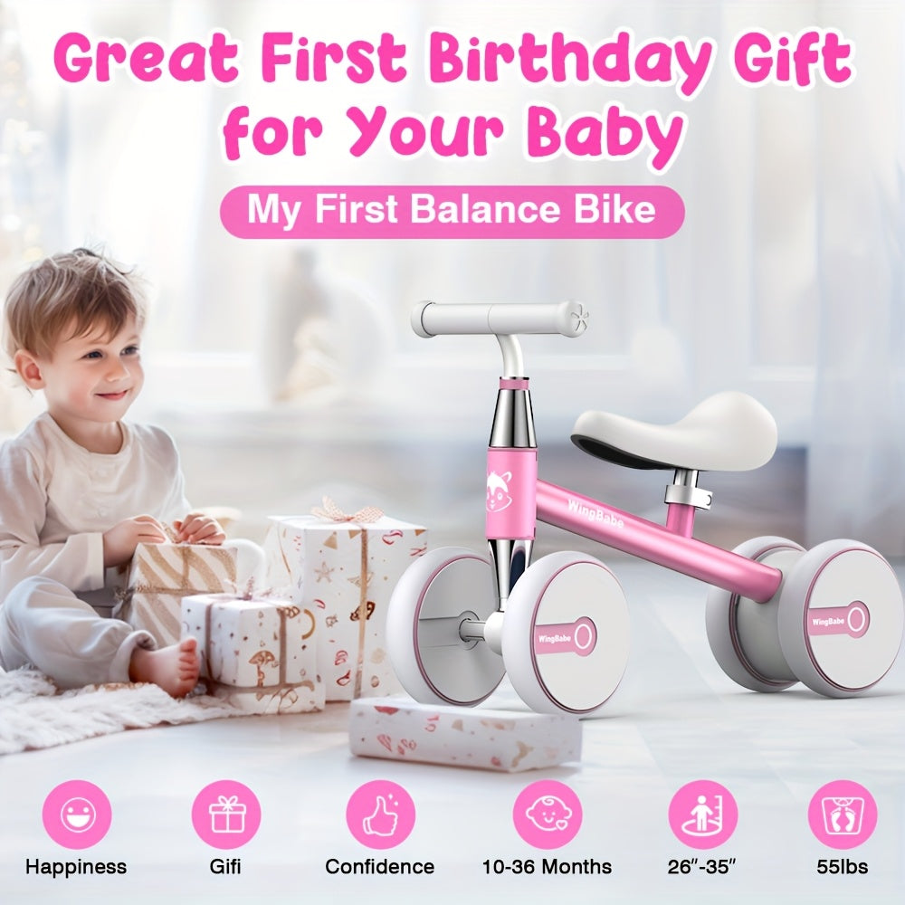 Baby Balance Bike for Toddlers 10-36 Months, 4 Wheel First Bike for Boys Girls with Adjustable Seat Silent TPE Tires 90° Safety Steering, Indoor Outdoor Ride-On Toy, 1st Birthday Christmas Gift