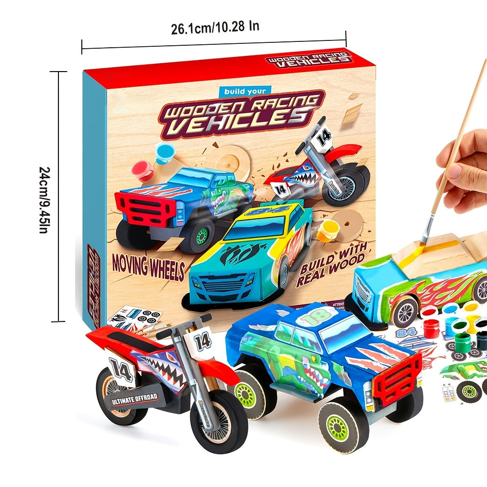 Build & Paint Your Own Wooden Race Car Craft Kit 144 Pieces with Race Car Motorcycle Monster Truck 12 Paint Colors Decals STEM Toy Gift for Kids Boys