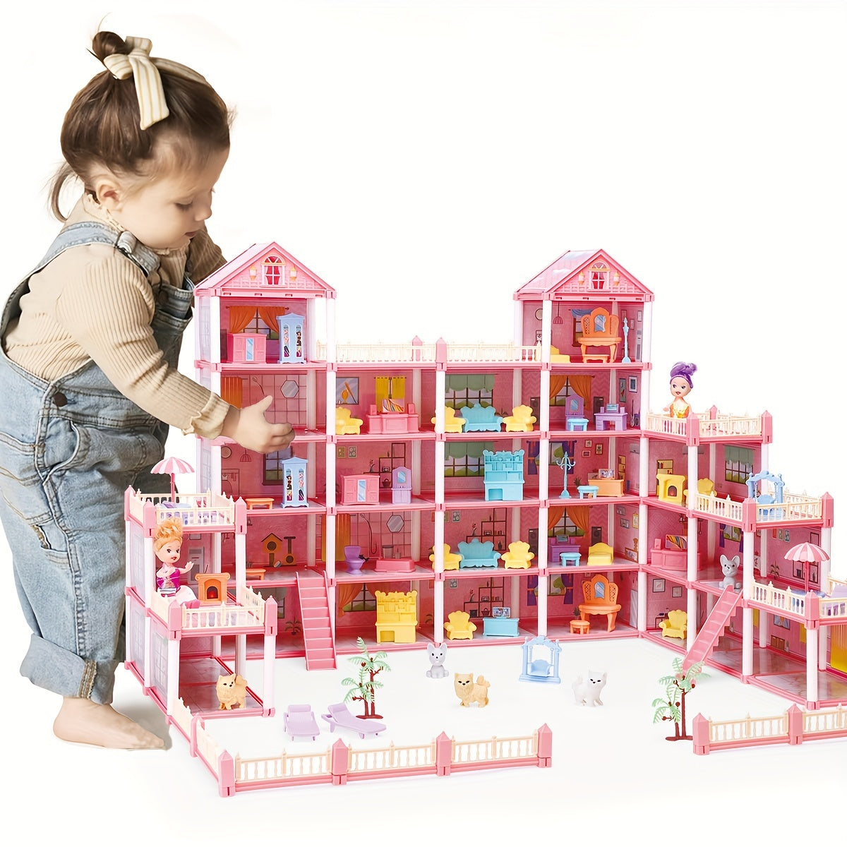 Dollhouse Princess Castle with Furniture – 11 to 27 Room Doll Villa Play Set for Girls Logical Thinking Toy Birthday Christmas Gift Kids Ages 3+ Pink Blue
