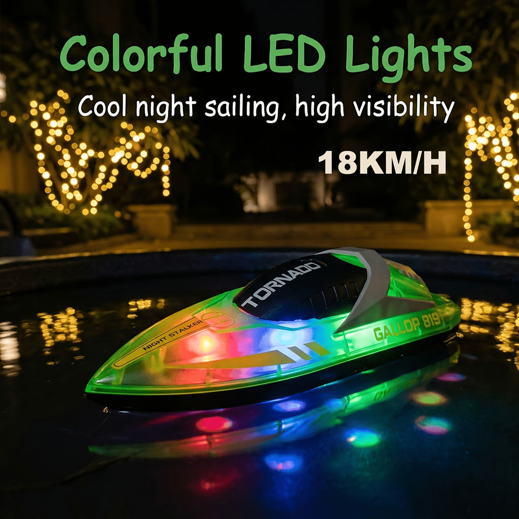 Remote Control Boat for Kids 25KM/H LED Night Light Effect Pool Lake Racing RC Hovercraft Toy One-Touch Speed Control Outdoor Water Toy Ages 6+