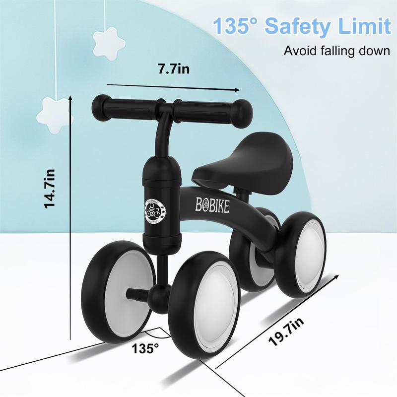 No-Pedal Baby Balance Bike, Bobike 4-Wheel Toddler Ride-On with Steel Frame, 135° Steering Limit for Indoor Outdoor Play & First Birthday Gifts