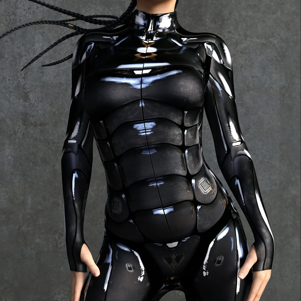 Black Full Body Zippered Jumpsuit for Women, Long Sleeve Sci-Fi Catsuit Sleek Bodysuit, Futuristic Style Halloween Costume Party Outfit