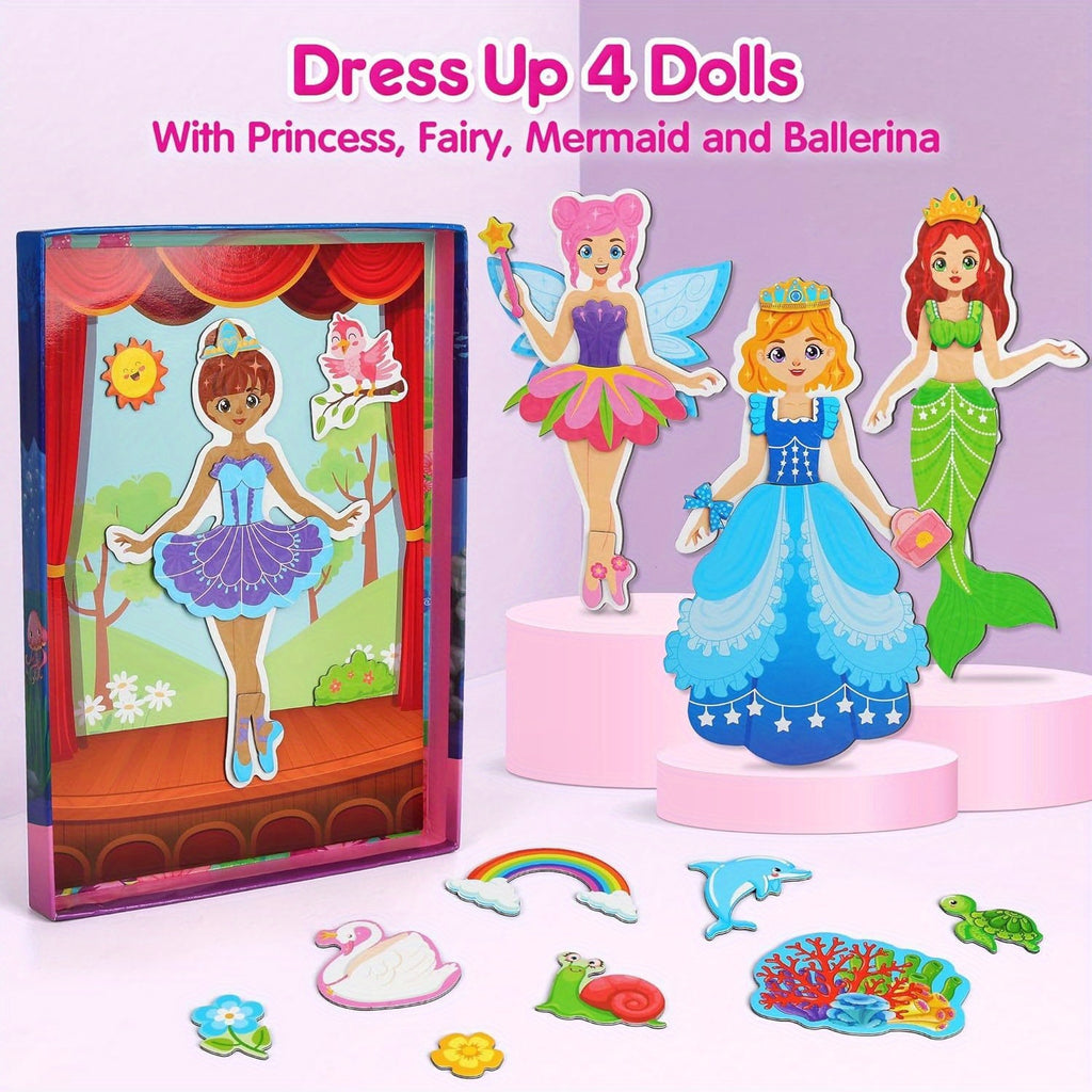 Girls Dress Up Magnetic Dolls Set Princess Mermaid Fairy Ballerina Mix Color Magnetic Outfits Travel Game Kit Car Ride Airplane Activity Birthday Gift Girls Ages 3-7