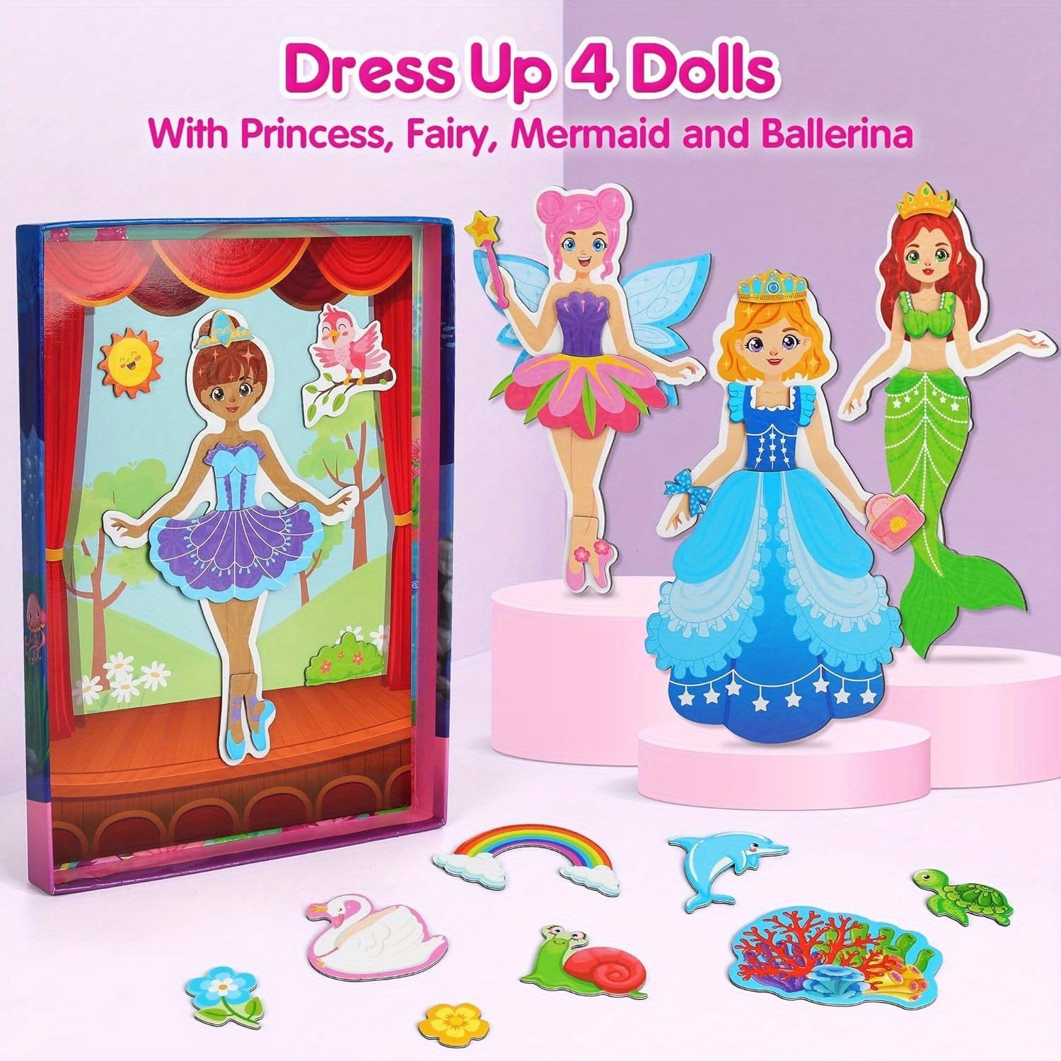 Girls Dress Up Magnetic Dolls Set Princess Mermaid Fairy Ballerina Mix Color Magnetic Outfits Travel Game Kit Car Ride Airplane Activity Birthday Gift Girls Ages 3-7