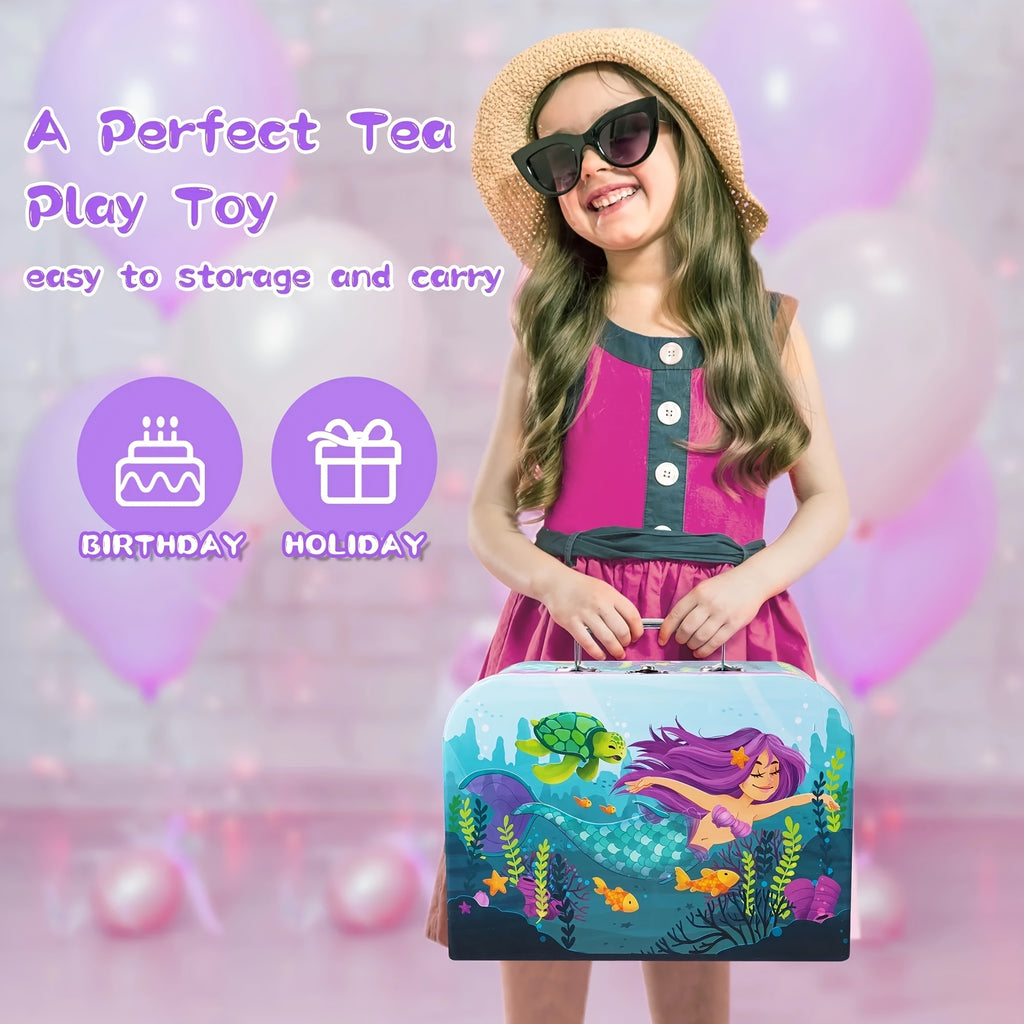 Mermaid Tea Party Set for Girls 14-Piece Tin Teapot Cups Plates Carrying Case Princess Pretend Play Kitchen Toy Kids Age 3+ Christmas Birthday Gift