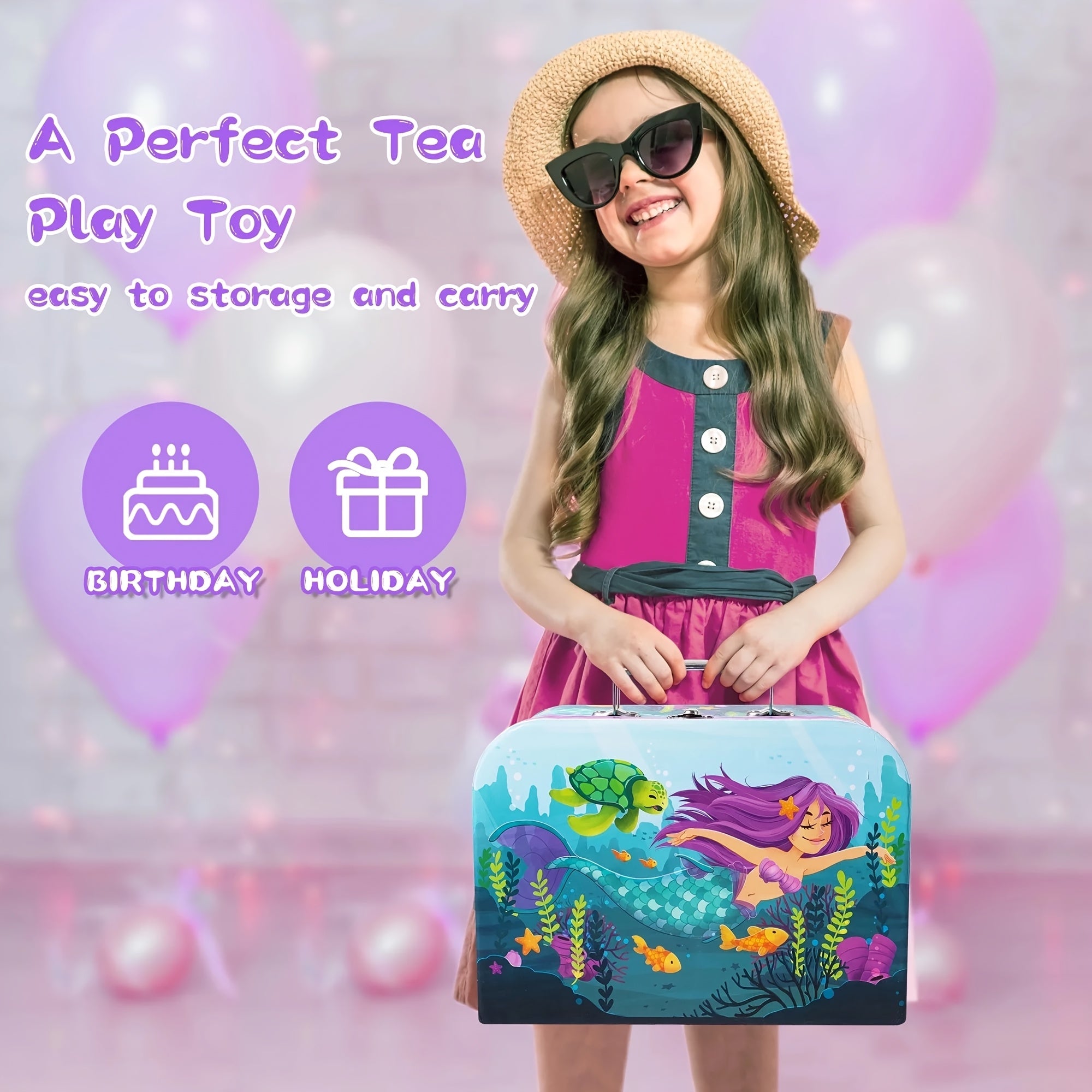 Mermaid Tea Party Set for Girls 14-Piece Tin Teapot Cups Plates Carrying Case Princess Pretend Play Kitchen Toy Kids Age 3+ Christmas Birthday Gift
