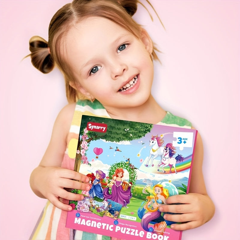 Magnetic Puzzle Book for Girls Ages 3 4 5 6 Unicorn Mermaid Princess 20pcs Travel Toy Toddler Busy Book Car Airplane Road Trip - Birthday Gift