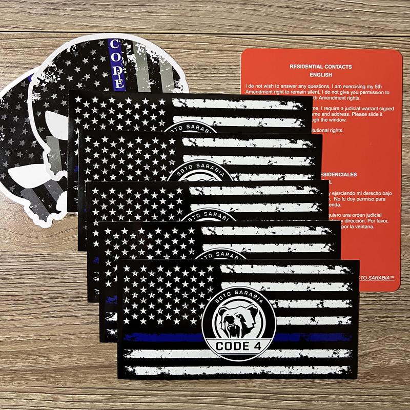 Thin Blue Line Decal Bundle by SGTO SARABIA, 5 American Flag Stickers and 2 Skull Decals, Waterproof UV-Resistant Vinyl with Free Bilingual Red Card